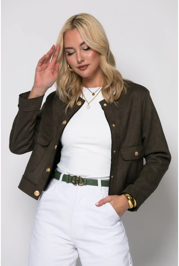 Jacket σουέντ με χρυσά κουμπιά χακί