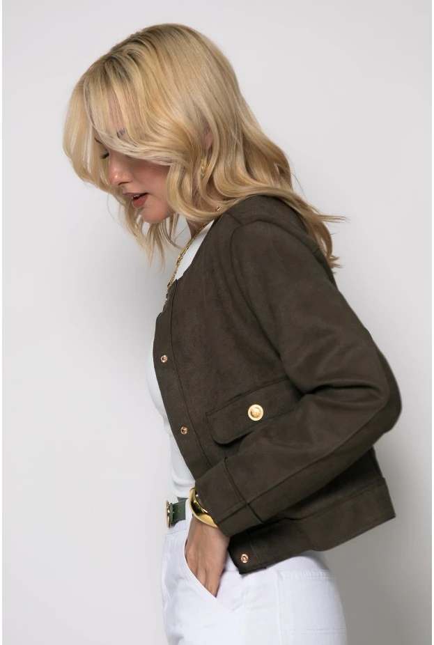 Jacket σουέντ με χρυσά κουμπιά χακί
