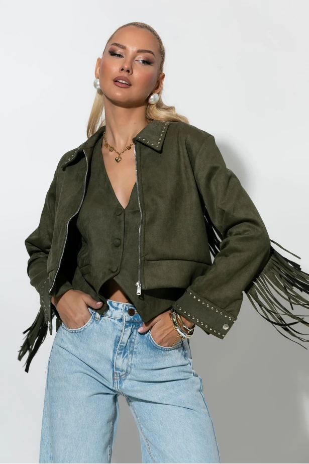 Σουέντ jacket με τρούς και κρόσια χακί