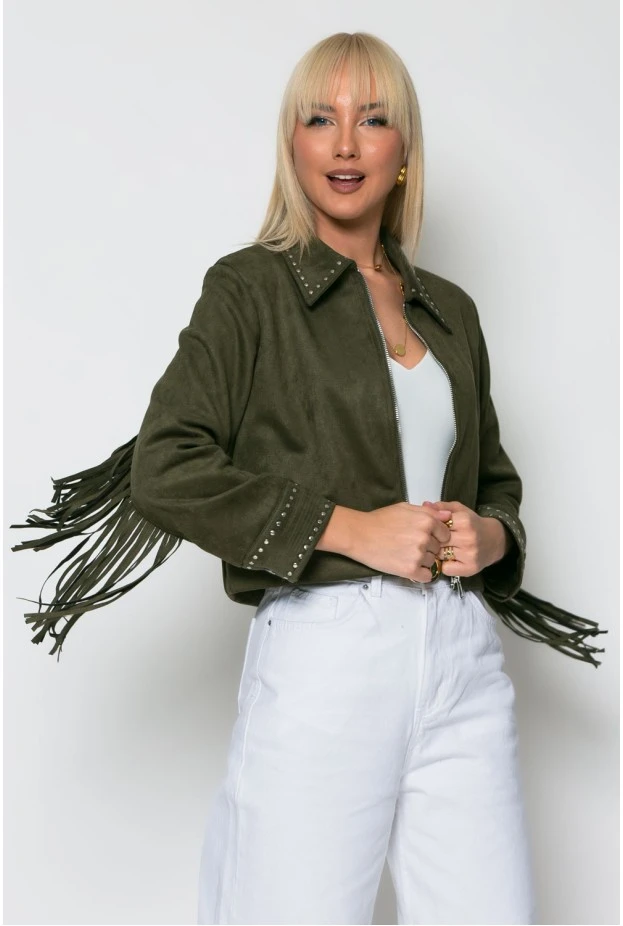 Σουέντ jacket με τρούκς και κρόσια χακί