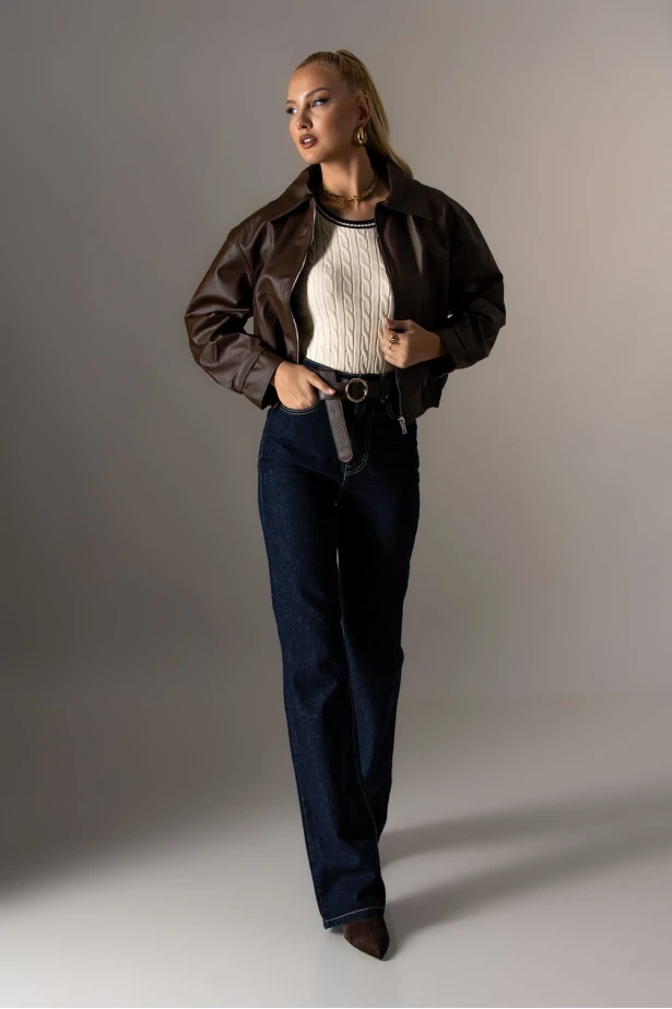 Bomber leather jacket με λάστιχο καφέ Bomber leather jacket με λάστιχο καφέ