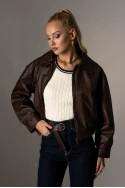 Bomber leather jacket με λάστιχο καφέ Bomber leather jacket με λάστιχο καφέ