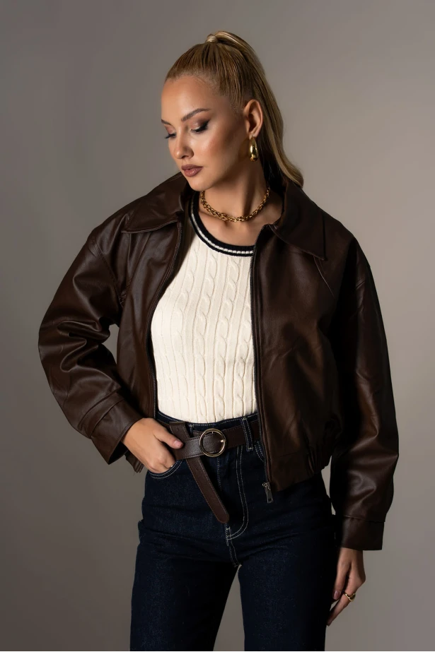 Bomber leather jacket με λάστιχο καφέ Bomber leather jacket με λάστιχο καφέ