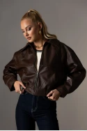 Bomber leather jacket με λάστιχο καφέ Bomber leather jacket με λάστιχο καφέ