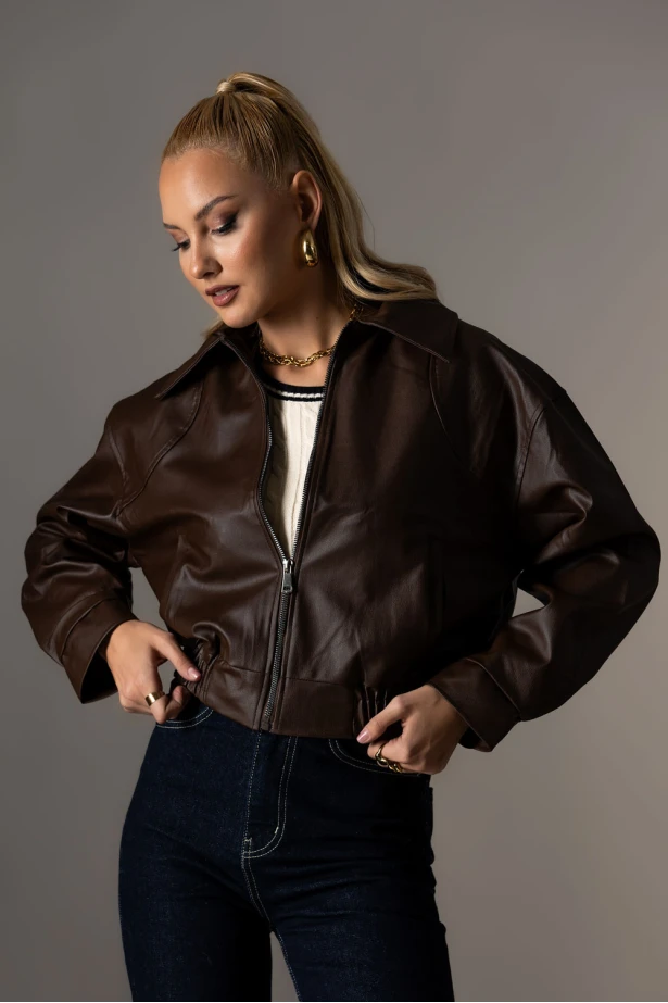 Bomber leather jacket με λάστιχο καφέ Bomber leather jacket με λάστιχο καφέ