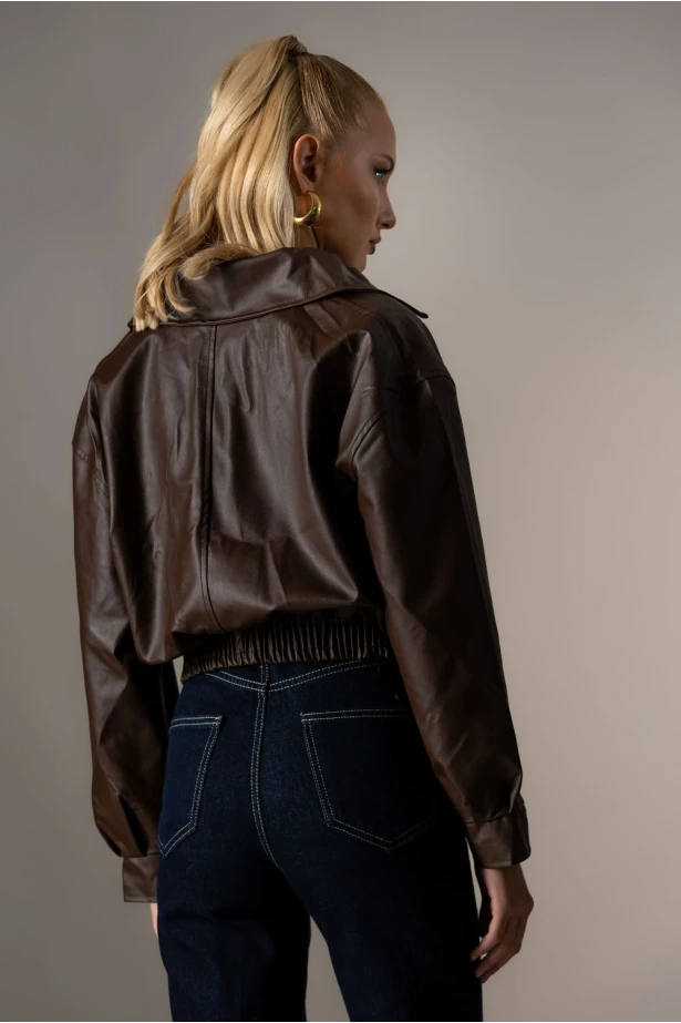Bomber leather jacket με λάστιχο καφέ Bomber leather jacket με λάστιχο καφέ