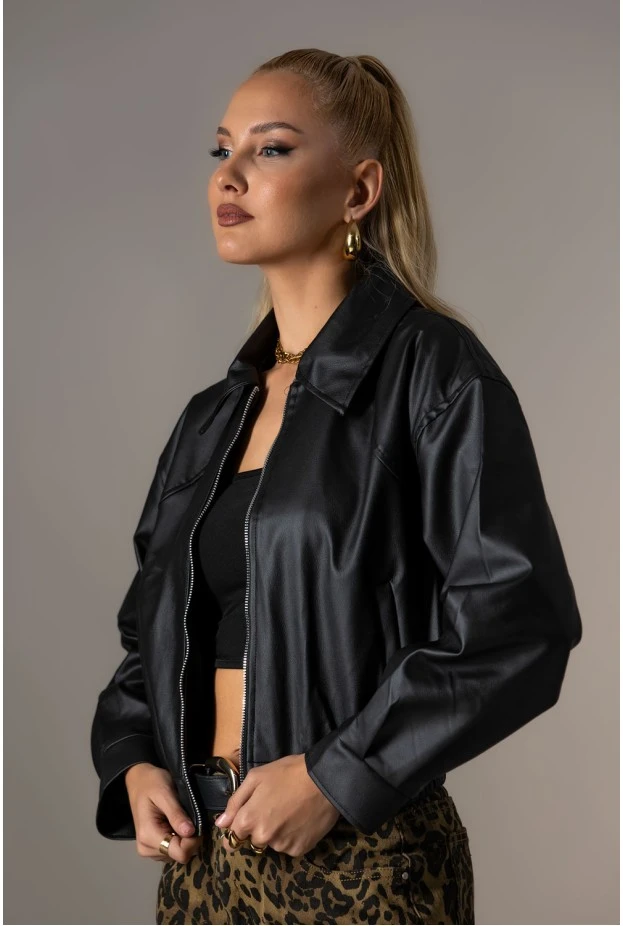 Bomber leather jacket με λάστιχο μαύρο