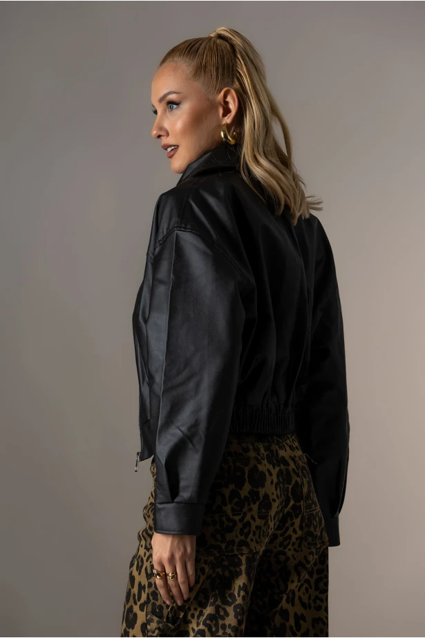 Bomber leather jacket με λάστιχο μαύρο Bomber leather jacket με λάστιχο μαύρο