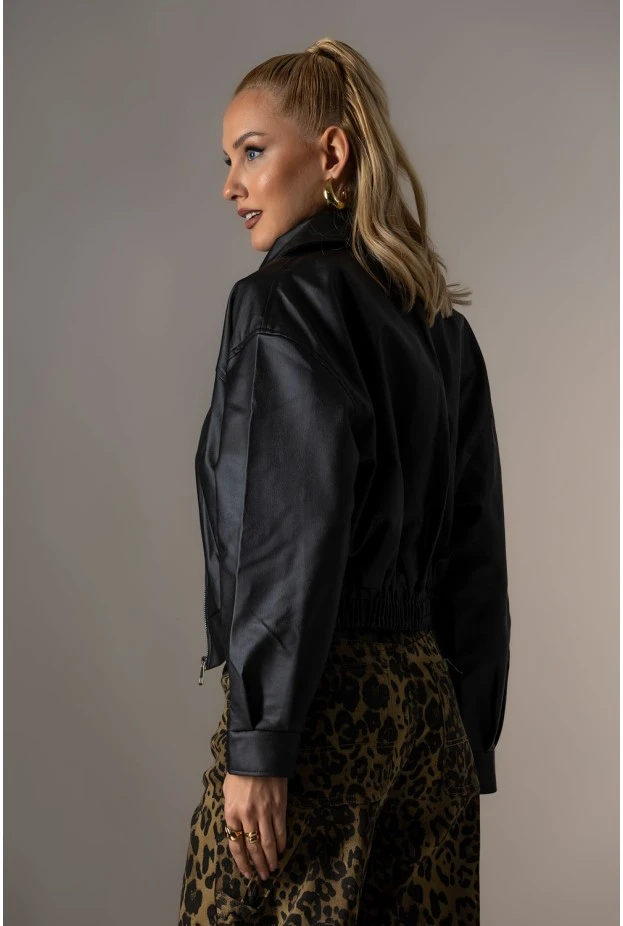 Bomber leather jacket με λάστιχο μαύρο