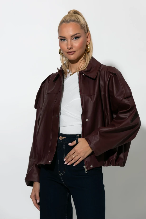 Jacket δερματίνη με κουμπιά μπορντό