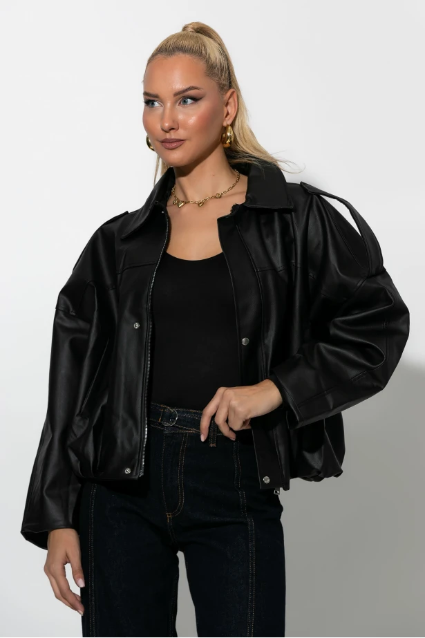 Jacket δερματίνη με κουμπιά μαύρο