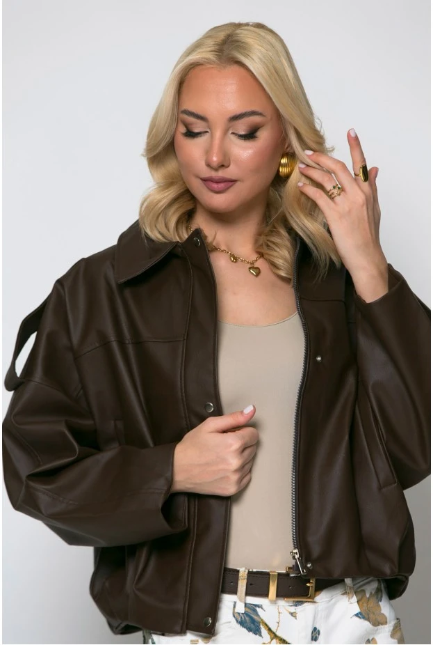 Jacket δερματίνη με κουμπιά καφέ