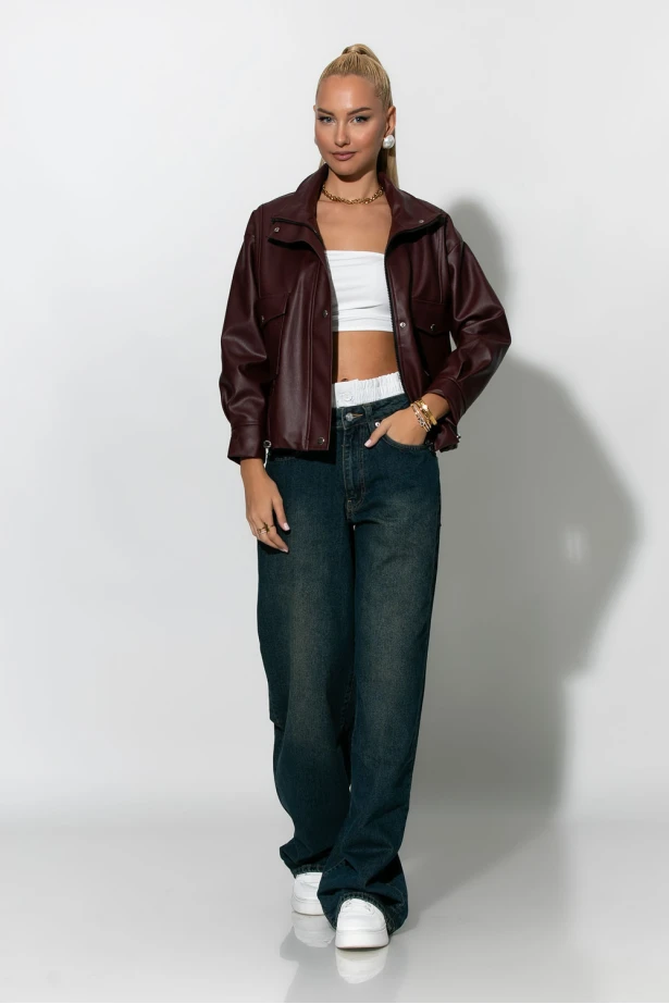 Jacket δερματίνη με τσέπες μπορντό