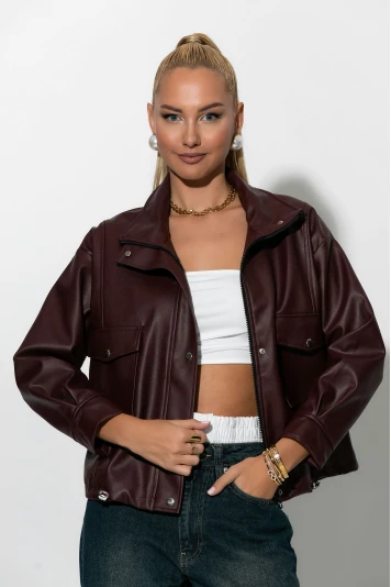 Jacket δερματίνη με τσέπες καφέ