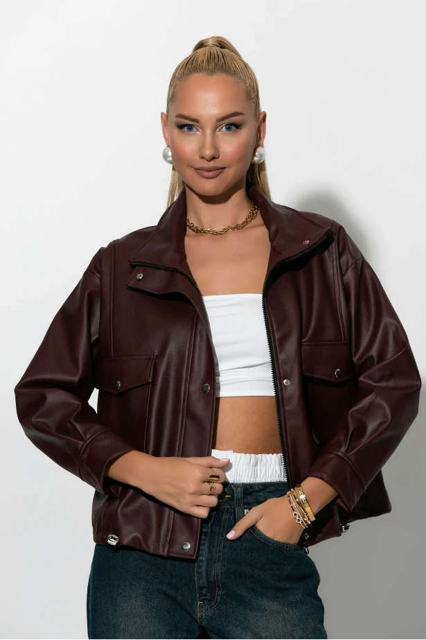 Jacket δερματίνη με τσέπες μπορντό
