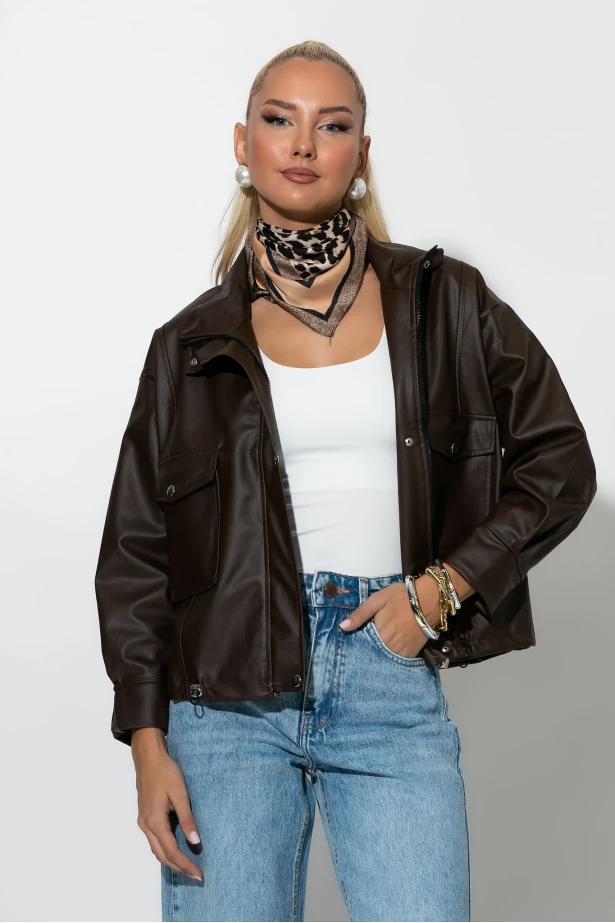 Jacket δερματίνη με τσέπες καφέ