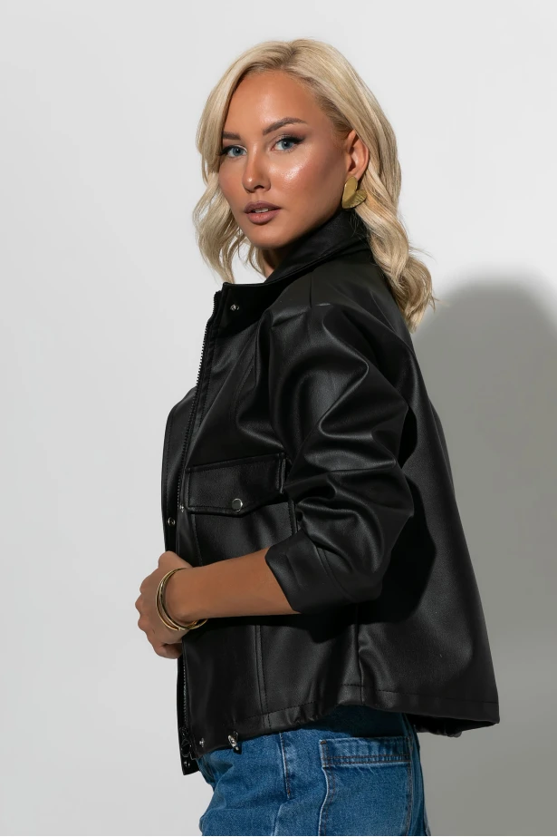 Jacket δερματίνη με τσέπες μαύρο Jacket δερματίνη με τσέπες μαύρο