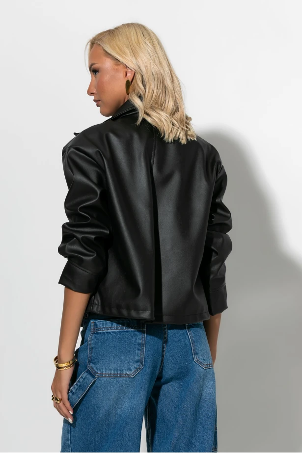 Jacket δερματίνη με τσέπες μαύρο Jacket δερματίνη με τσέπες μαύρο