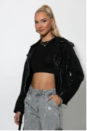 Leather jacket με μεταλλιζέ λεοπάρ όψη μαύρο