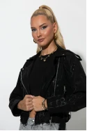 Leather jacket με μεταλλιζέ λεοπάρ όψη μαύρο
