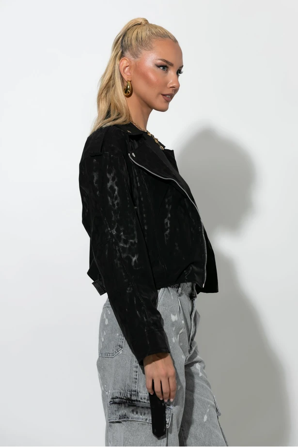 Leather jacket με μεταλλιζέ λεοπάρ όψη μαύρο