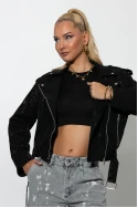 Leather jacket με μεταλλιζέ λεοπάρ όψη μαύρο
