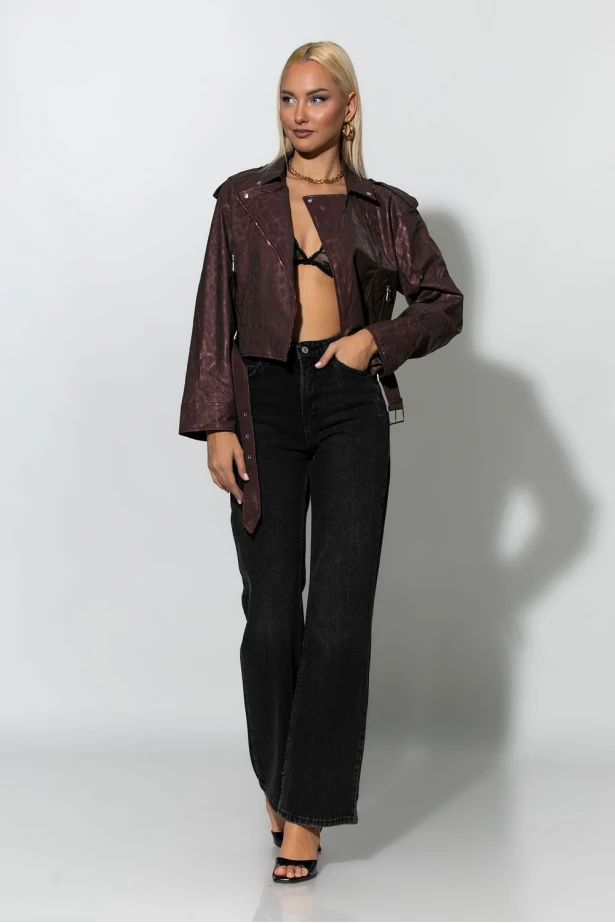 Leather jacket με μεταλλιζέ λεοπάρ όψη μπορντό 