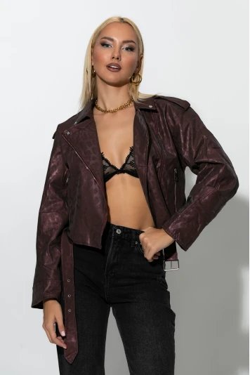 Leather jacket με μεταλλιζέ λεοπάρ όψη μπορντό 