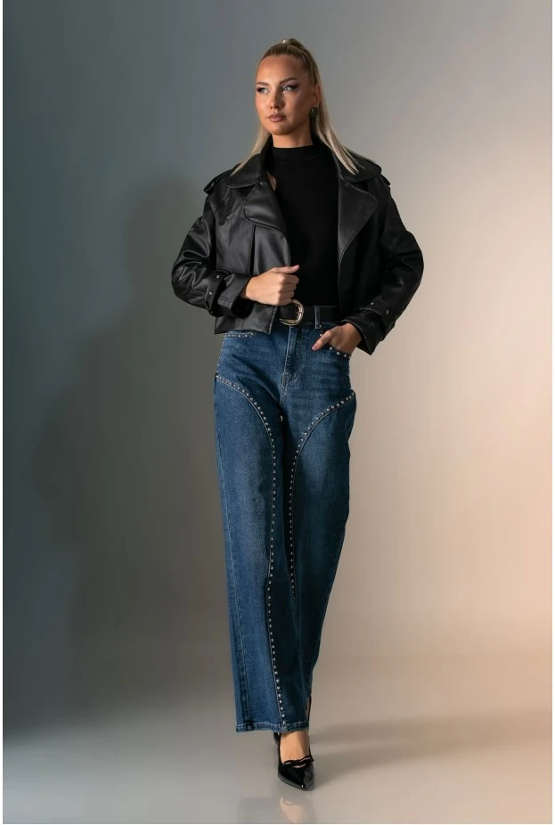 Leather jacket με μεγάλο γιακά μαύρο 