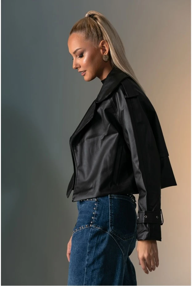 Leather jacket με μεγάλο γιακά μαύρο 