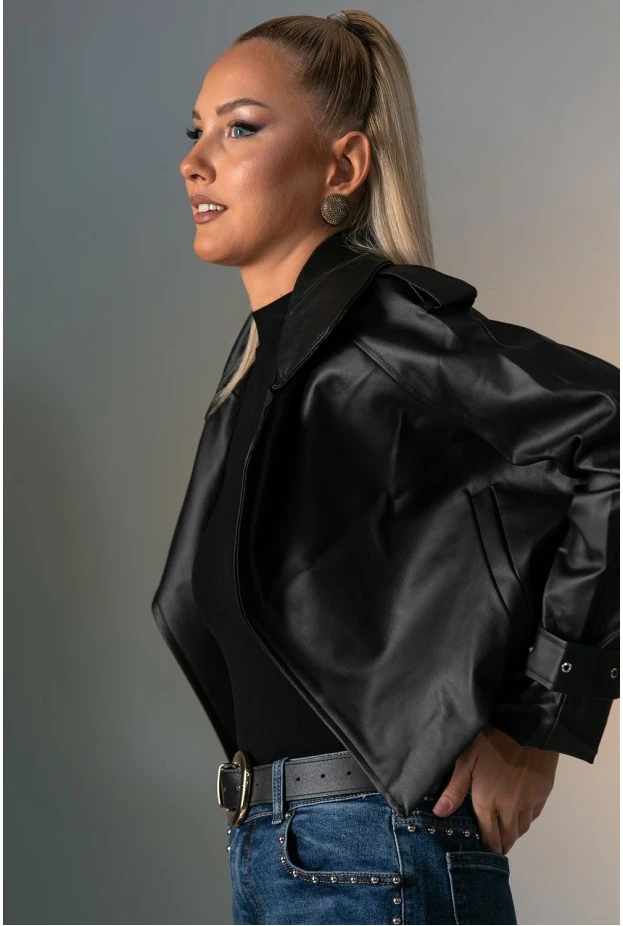 Leather jacket με μεγάλο γιακά μαύρο 