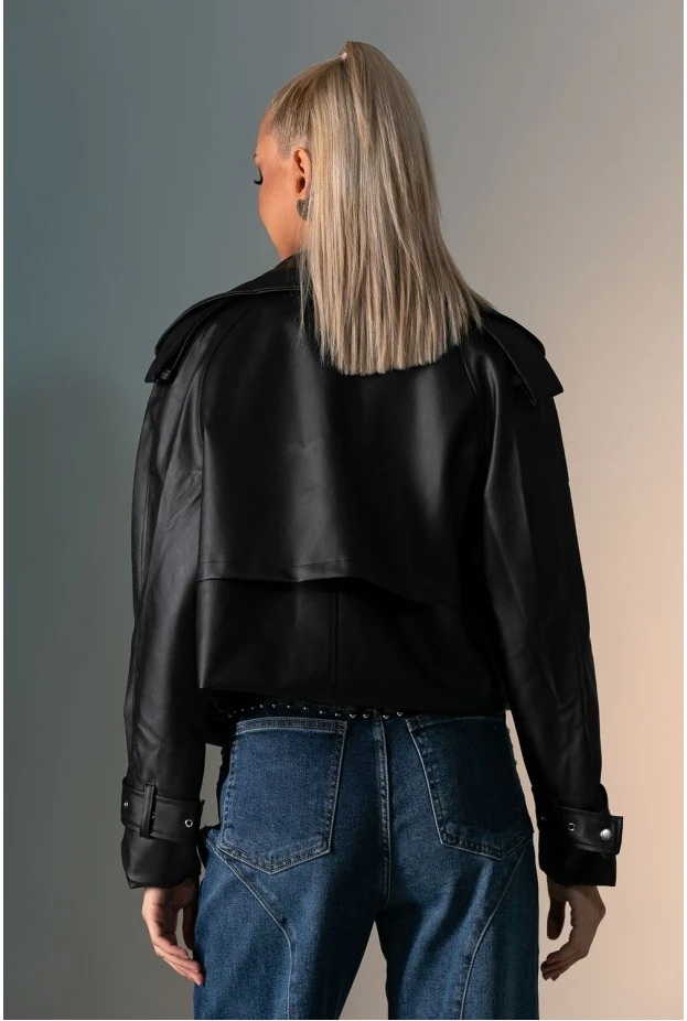 Leather jacket με μεγάλο γιακά μαύρο 
