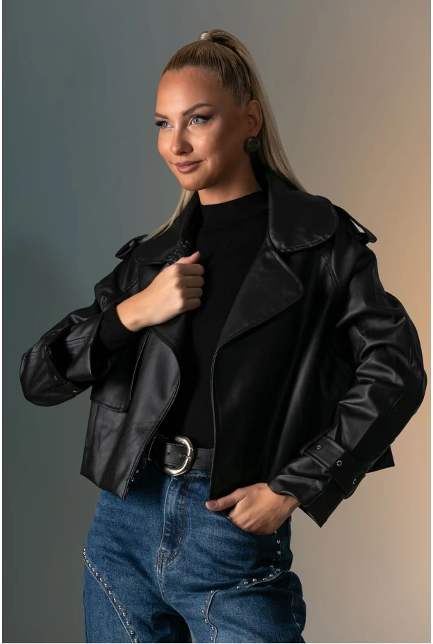 Leather jacket με μεγάλο γιακά μαύρο 