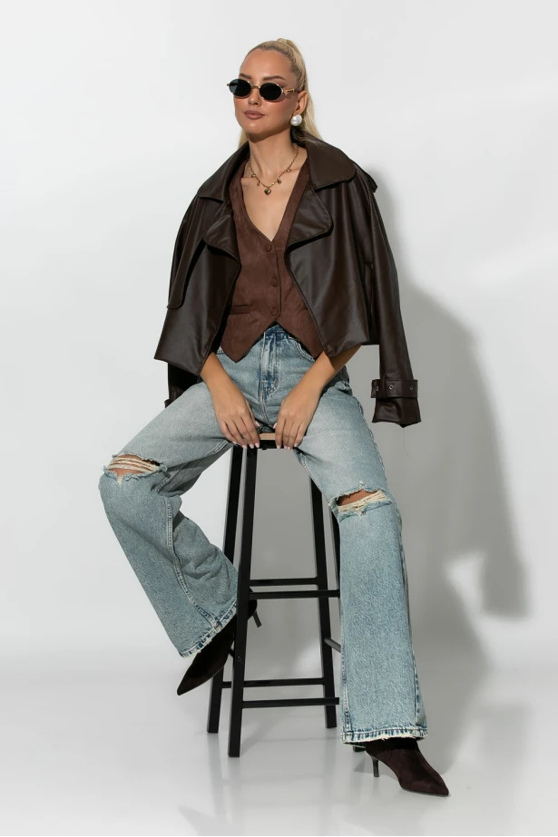 Leather jacket με μεγάλο γιακά καφέ 