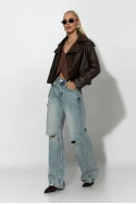 Leather jacket με μεγάλο γιακά καφέ 