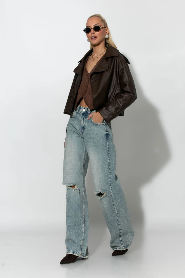 Leather jacket με μεγάλο γιακά καφέ 