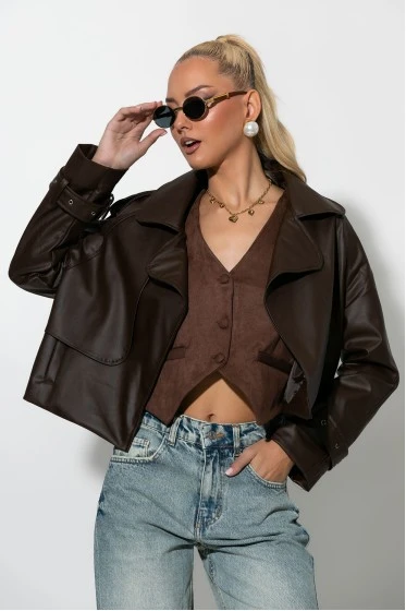 Leather jacket με μεγάλο γιακά καφέ