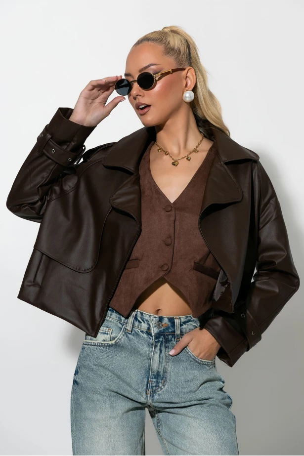 Leather jacket με μεγάλο γιακά καφέ 