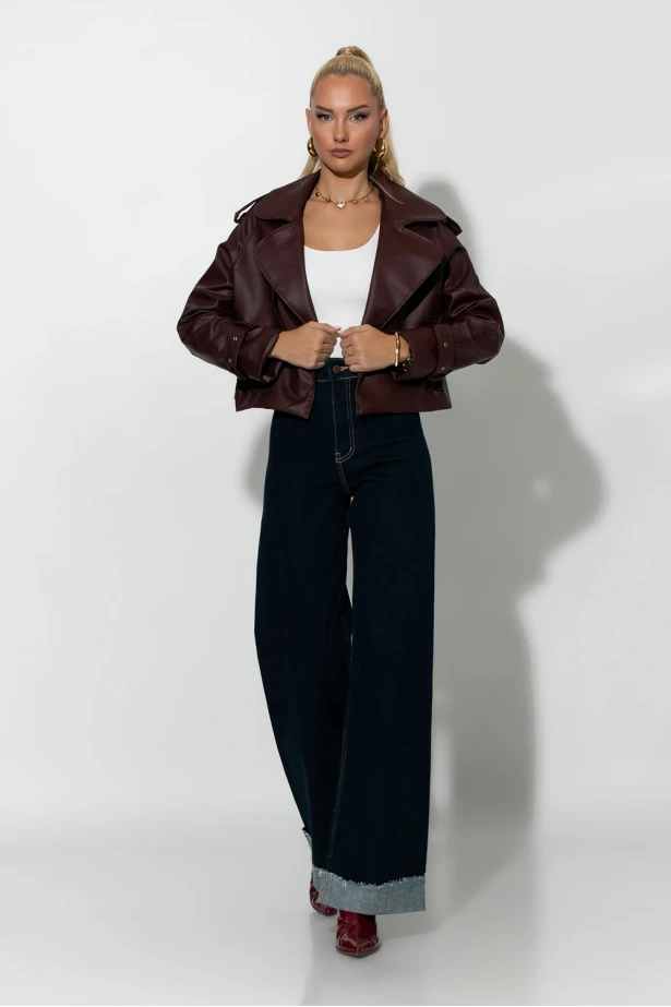 Leather jacket με μεγάλο γιακά μπορντό