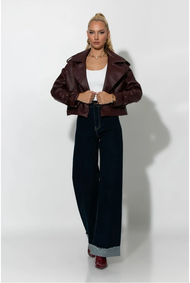 Leather jacket με μεγάλο γιακά μπορντό