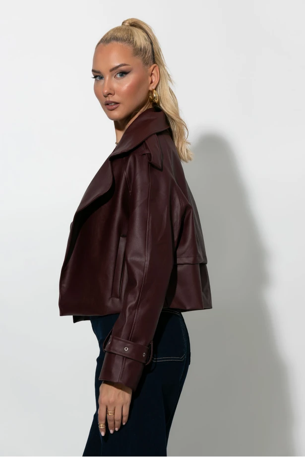 Leather jacket με μεγάλο γιακά μπορντό