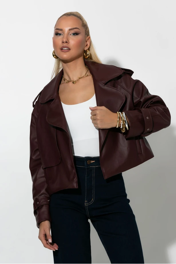 Leather jacket με μεγάλο γιακά μπορντό