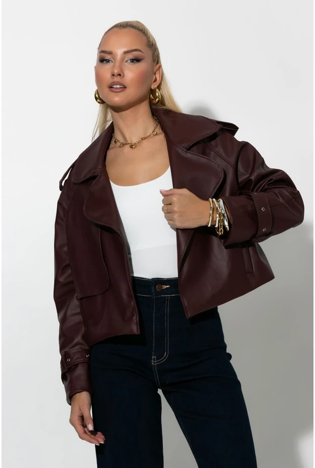 Leather jacket με μεγάλο γιακά μπορντό