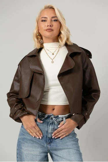 Leather jacket με μεγάλο γιακά καφέ