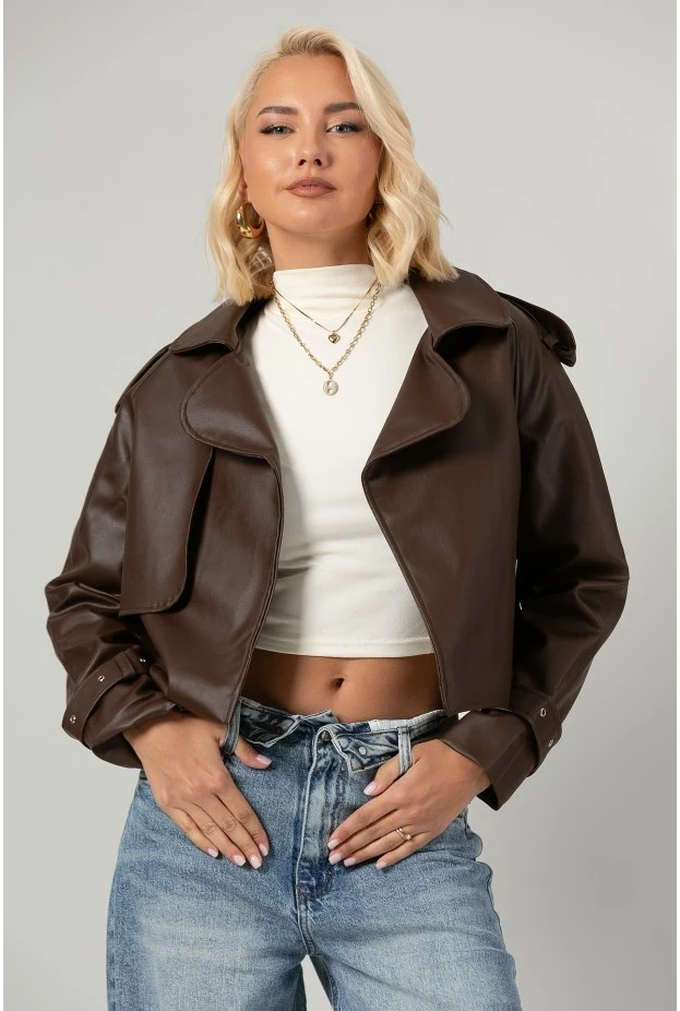 Leather jacket με μεγάλο γιακά καφέ