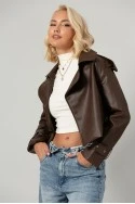 Leather jacket με μεγάλο γιακά καφέ
