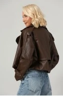 Leather jacket με μεγάλο γιακά καφέ