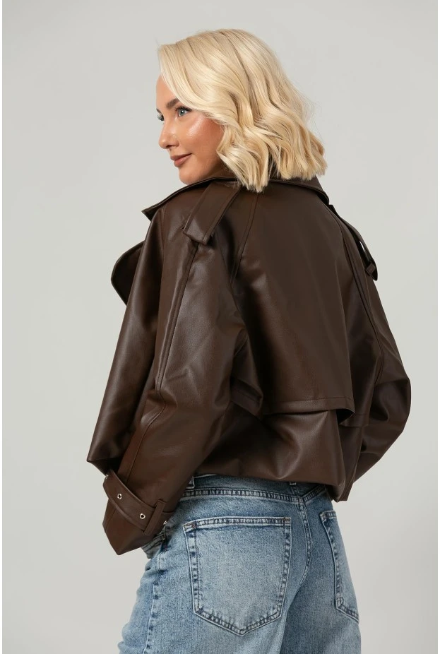 Leather jacket με μεγάλο γιακά καφέ