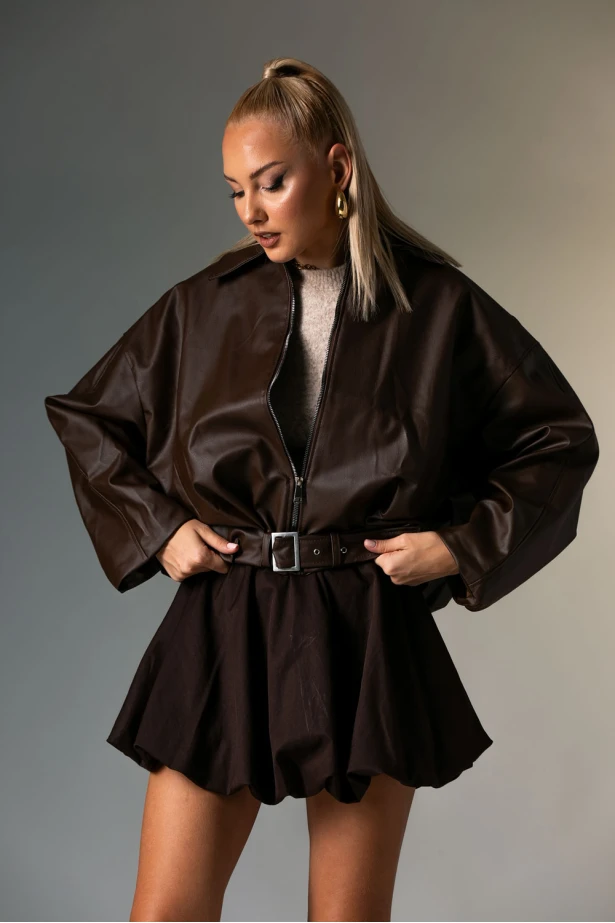 Leather bomber jacket καφέ