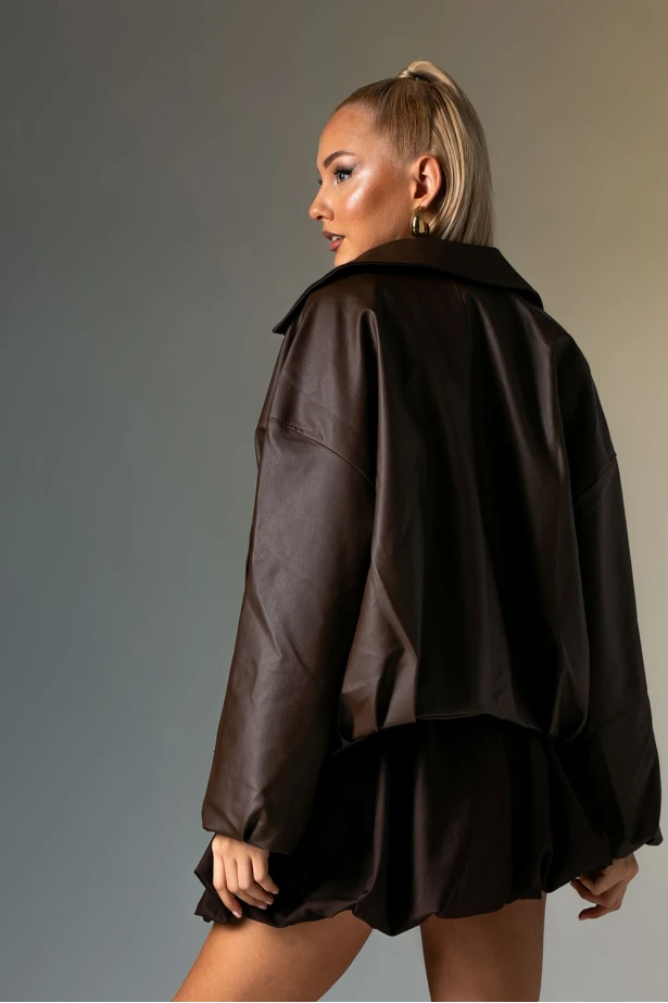 Leather bomber jacket καφέ